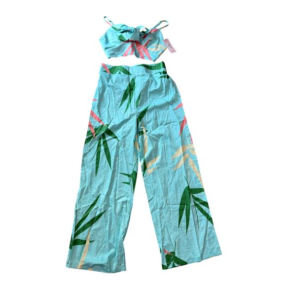 Micas Bamboo Leaf Print Knot Tropical Boho Resort Cami Top And Pants Set Blue XL - Picture 2 of 9